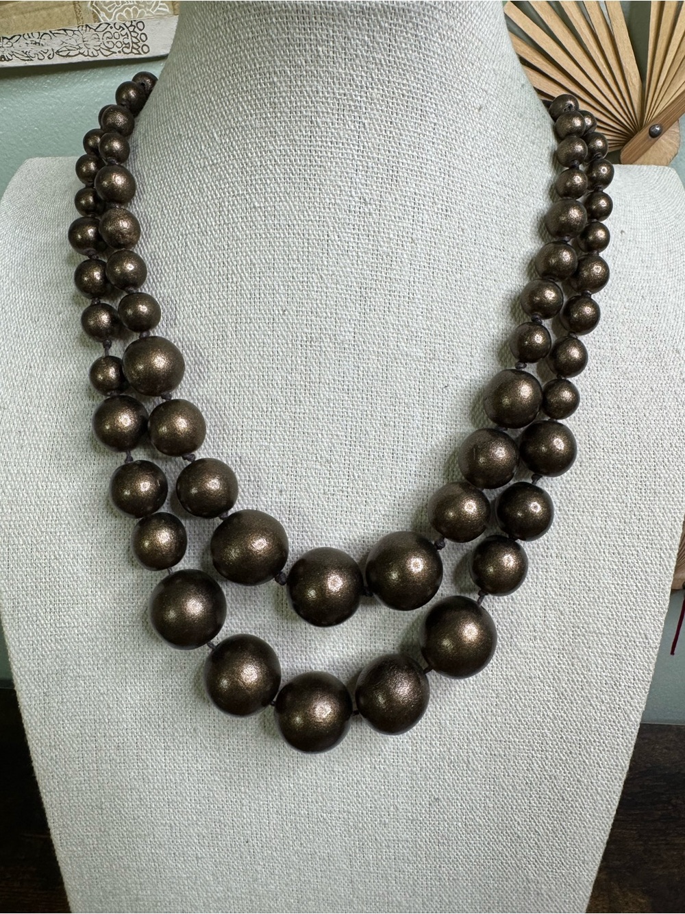 Caracol Multi- Strand Metallic Brown Wood Bead Necklace for Women Boho Chic